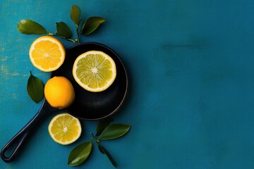 Fresh lemon composition with dark pan on teal background