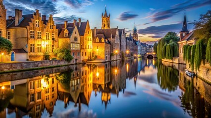 Fototapeta premium Serene evening view over historic Bruges canal with illuminated medieval architecture and twinkling streetlights reflected in the calm water , medieval, canal
