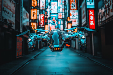 Futuristic Drone Soaring Above Neon-Lit Cityscape