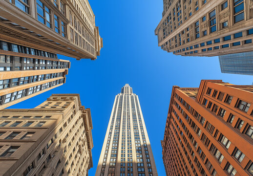 Fototapeta Blue skies and tall buildings seen from below, wide-angle, low-angle perspective, skyscrapers, business district, cityscape, urban architecture, blue sky, office building, corporate skyline, skyscrape