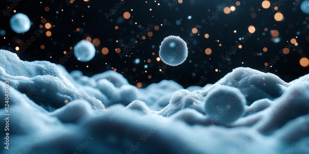 Poster Dynamic Nanotech Landscape Ethereal Particle Flow over Cloudy Terrain - Innovation Visualization for Tech and Healthcare Industries, Futuristic Design and Advanced Research Applications