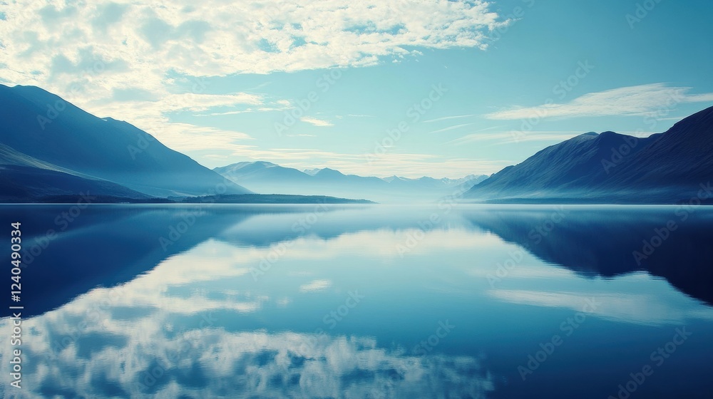 Poster serene lake with tranquil water reflecting distant mountains under a clear blue sky during daylight 
