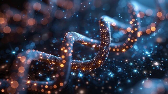 Abstract Representation of DNA Structure with Glowing Particles and Bokeh Effect in a Digital Background for Science and Technology Concepts