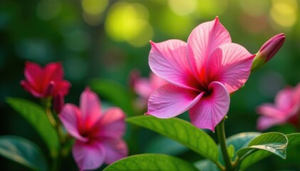 Naklejka premium Pink tigridia in a garden with other blooming flowers, pink tigridia, gardenia