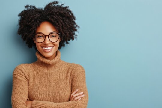 Warm Minimalist Branding Portrait Smiling Woman in Textured Knit Sweater, Empowering Corporate Identity and Digital Marketing for Diverse Professional Spaces - Powered by Adobe
