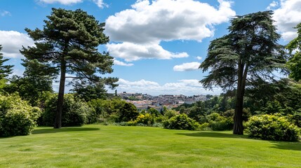 Naklejka premium Scenic Park View, Lush Greenery, Majestic Trees, Distant Town