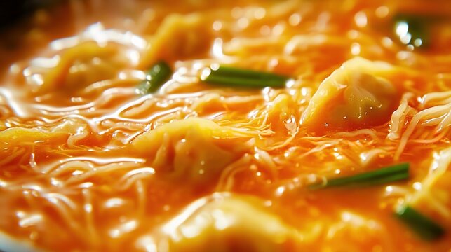 Close-up of kimchi mandu soup, showcasing the vibrant colors and textures of fresh oranges and soft noodles in a rich blend with crystal-clear water droplets