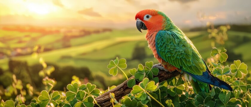 A vibrant parrot with green, blue, and orange feathers perched on a branch. Surrounding it are green clover leaves, with a background of rolling hills and a sunset. - Powered by Adobe