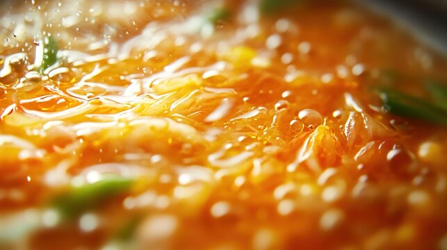 Close-up of kimchi mandu soup, showcasing the vibrant colors and textures of fresh oranges and soft noodles in a rich blend with crystal-clear water droplets