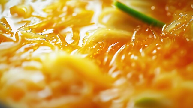 Close-up of kimchi mandu soup, showcasing the vibrant colors and textures of fresh oranges and soft noodles in a rich blend with crystal-clear water droplets