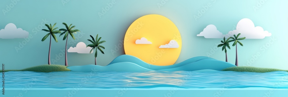 Poster colorful landscape with paper trees, clouds, and a bright sun over blue waves suitable for text inse