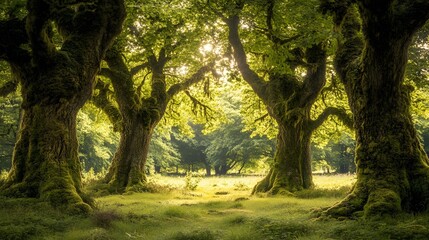 Naklejka premium Serene forest scene, lush green trees arching overhead, dappled sunlight filtering through, tranquil nature setting.
