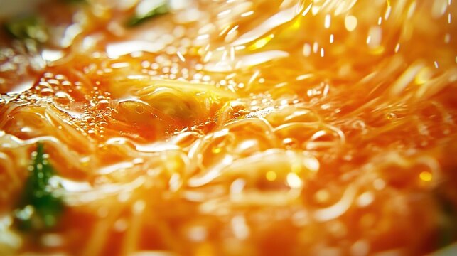 Close-up of kimchi mandu soup, showcasing the vibrant colors and textures of fresh oranges and soft noodles in a rich blend with crystal-clear water droplets