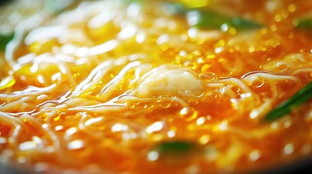 Close-up of kimchi mandu soup, showcasing the vibrant colors and textures of fresh oranges and soft noodles in a rich blend with crystal-clear water droplets
