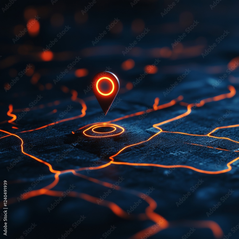 Aufkleber Neon-Digital Navigation Interface Illuminated Map Display with Location Markers and Route Planning for Smart City Tech and Advanced Travel Solutions