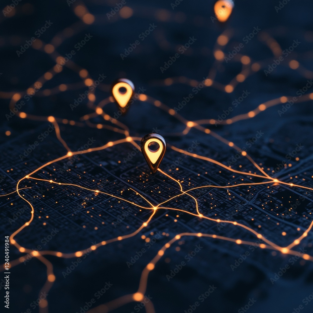 Poster Futuristic Digital Navigation Interface Neon Map Display with Route Markers - Smart Travel Technology for Business and Urban Route Optimization