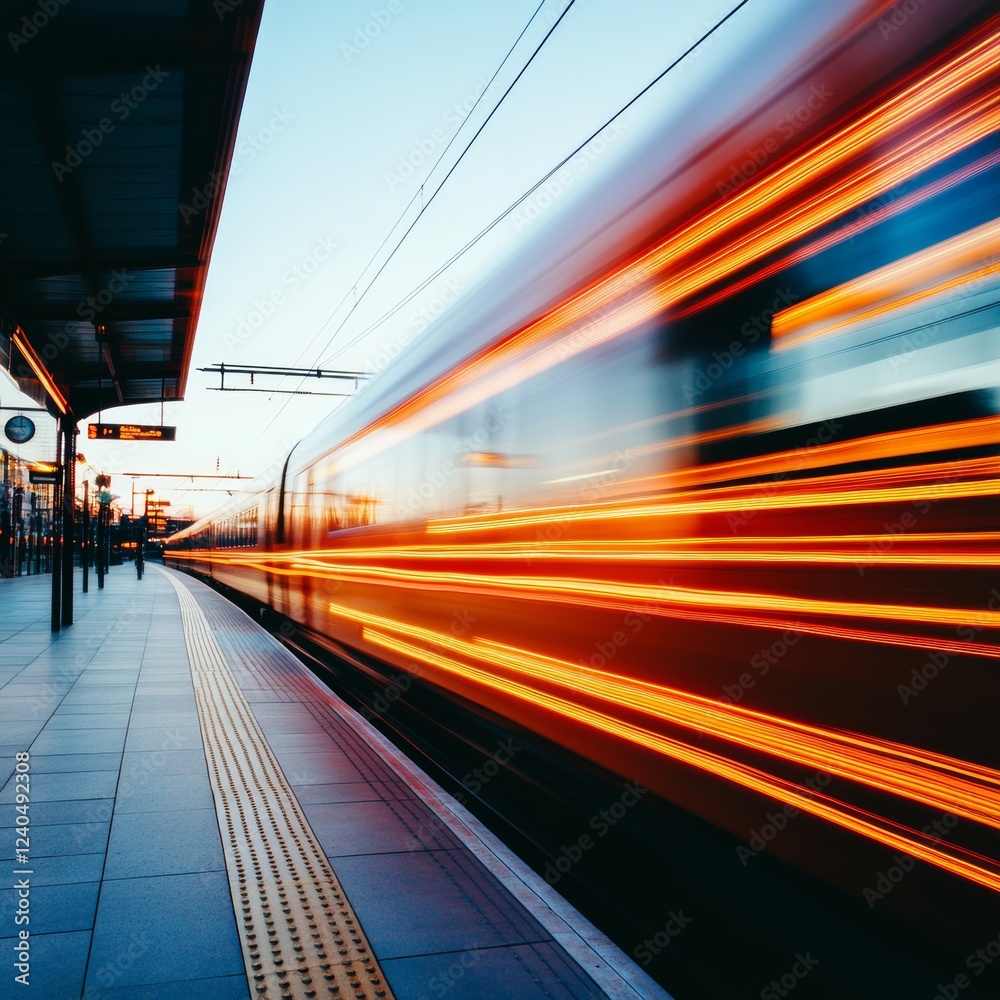 Poster dynamic motion blur in contemporary rail transit architectural elements, passenger platform edge vis