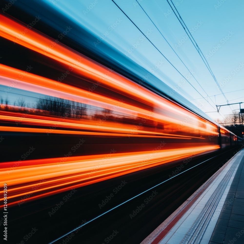 Fototapete High-Speed Rail Aesthetics Red Motion Blur Train Passing Platform with Dynamic Architecture - Efficient Urban Transit Imagery for Modern Transportation Solutions and Infrastructure Marketing