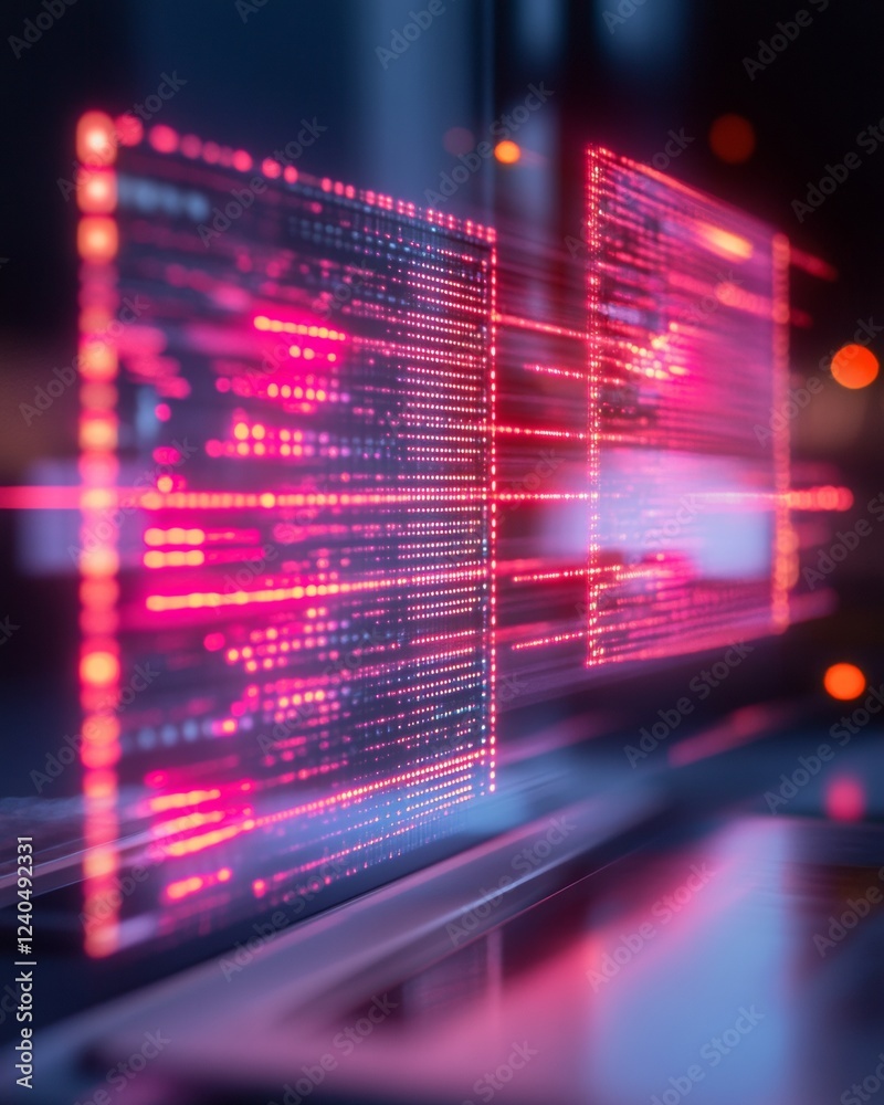 Poster Futuristic Digital Office Interface Neon Displays with Abstract Data Visuals - Business Innovation Content and Tech-Driven Workspace Solutions