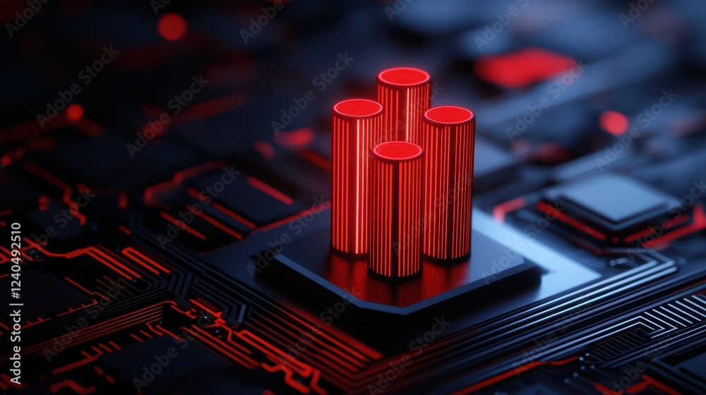 Poster digital circuit board with red abstract columns and glow effect