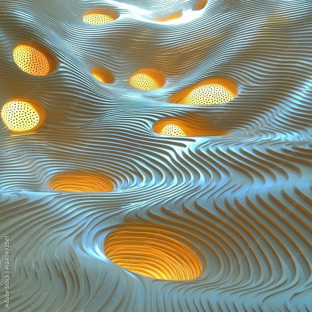 Poster an abstract representation of flowing shapes and organic textures in vibrant colors, ideal for desig