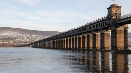 Long Stone Bridge over River, Cityscape Background