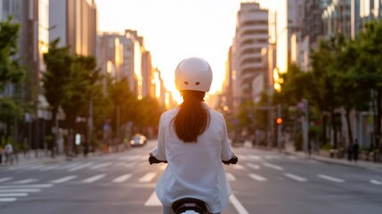 Contemporary Urban Micromobility Young Korean Woman on E-Scooter in Green Seoul - Sustainable Commute and Smart City Design for Modern Workspaces