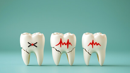 Cartoon dental health awareness cracked teeth trio with red pulse fun and educational visual light blue background creative perspective