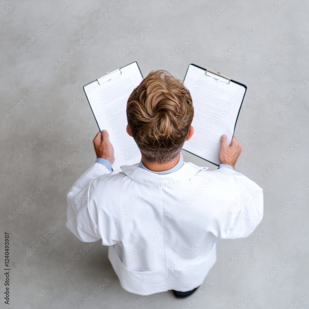 Fototapete minimalist medical workflow professional in white lab coat analyzing documentation on clipboard - ef