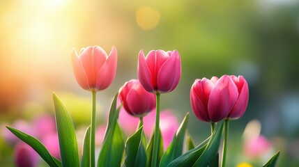 Beautiful pink tulips blooming in a sunlit garden during springtime with vibrant colors and lush greenery. Generative AI