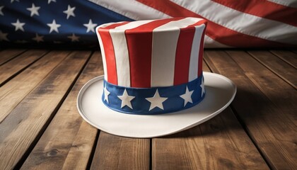 A striking red, white, and blue top hat rests on a wooden table, symbolizing patriotism. Ideal for Fourth of July festivities and patriotic-themed projects