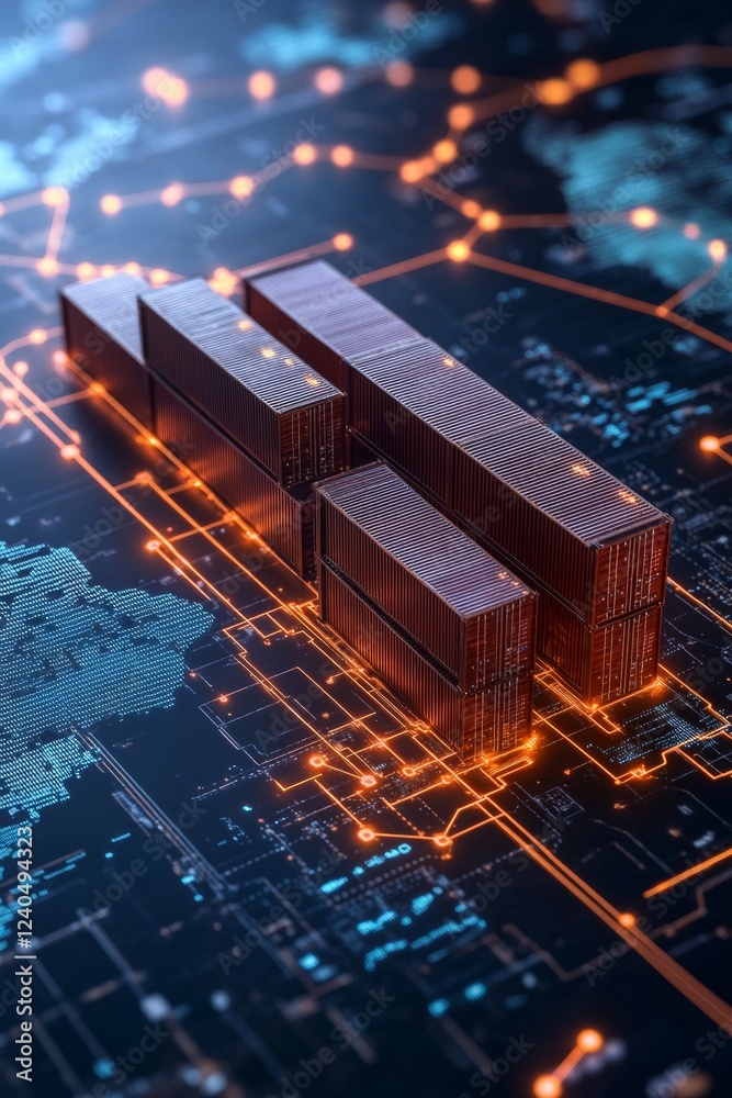 Poster futuristic global logistics visualization high-tech cargo ships on digital world map - enhancing tra