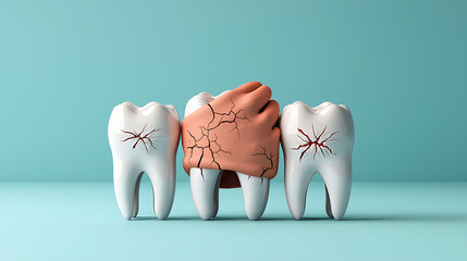 Cartoon teeth trio in pain with cracks digital art studio background quirky concept humorous perspective for dental awareness