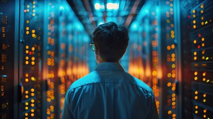 Person Observing Server Room with Bright Lights and Data Storage Systems in Modern Technology Environment