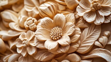 Intricate carved wooden flowers and leaves design, Copy space for text, Commercial use,