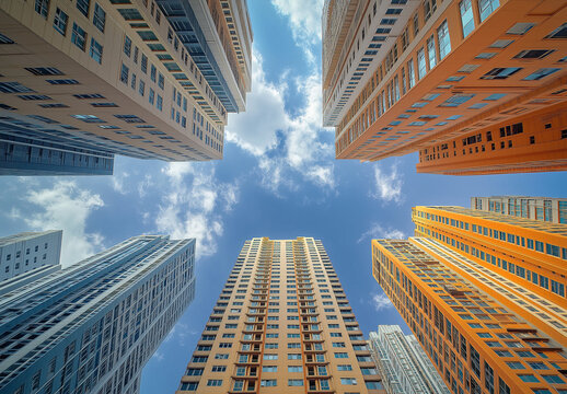 Fototapeta Blue skies and tall buildings seen from below, wide-angle, low-angle perspective, skyscrapers, business district, cityscape, urban architecture, blue sky, office building, corporate skyline, skyscrape