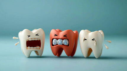 Cartoon tooth characters expressing emotions digital art fun environment close-up view humorous concept of dental health challenges