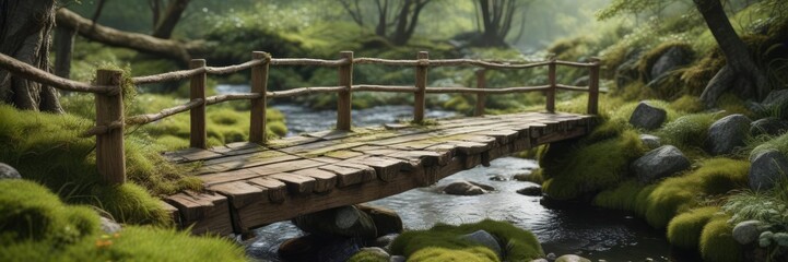 Naklejka premium Rustic wooden bridge over a stream with moss and lichen, stream, moss