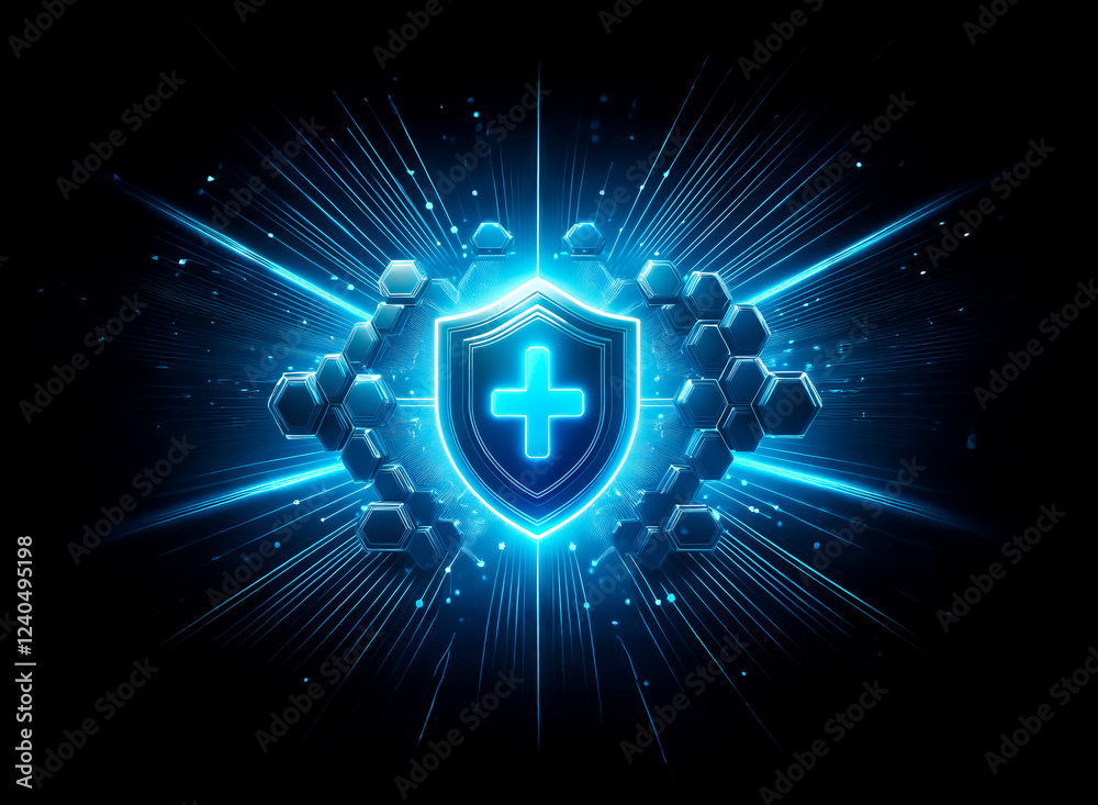 Poster A glowing blue shield with a plus symbol at its center, surrounded by hexagonal structures and radiating light bursts against a dark background.  The image evokes protection, health, and technology.