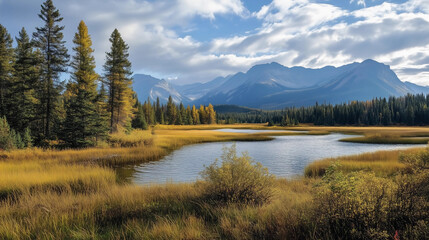 A beautiful landscape with a river and mountains in the background. The sky is cloudy, but the sun is shining through the clouds