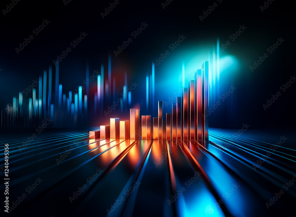 Poster glowing metallic bars form an upward trending graph against a dark, futuristic cityscape backdrop. t