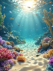 Obraz premium Sandy seafloor with diverse sea life and sunlight, tropical sea, blue sea, underwater world, colorful coral, schools of fish swimming.