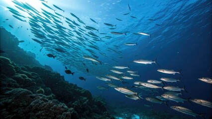 School of fish swimming near the dark blue ocean surface, blue ocean, aquatic animals