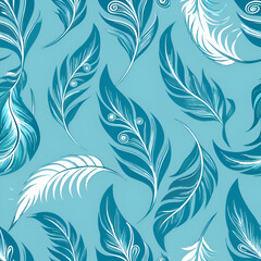 Seamless Pattern of Elegant Blue Feathers on a Turquoise Background.
