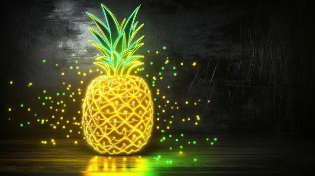 A neon pineapple with glowing yellow and green lights against a blackboard-style background, giving a trendy and modern kitchen decor vibe.