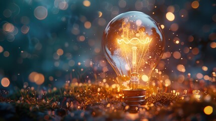 Glowing Light Bulb Surrounded by Sparkling Particles and Green Grass in a Dreamy, Ethereal Setting for Inspirational Themes