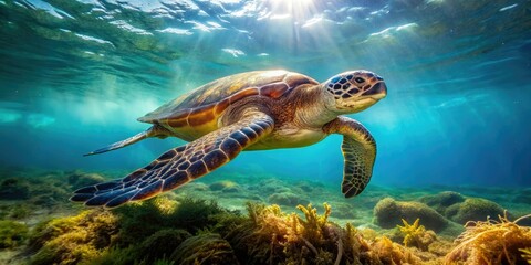 Fototapeta premium Sea turtle gliding through the water with seaweed attached to its shell, slow swimmer, seaweed attachment