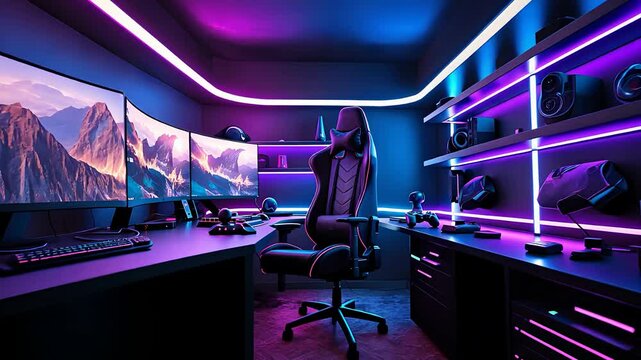 Futuristic Gaming Setup with LED Lighting, Multiple Monitors, and High-Tech Accessories in a Modern Gamer Room

