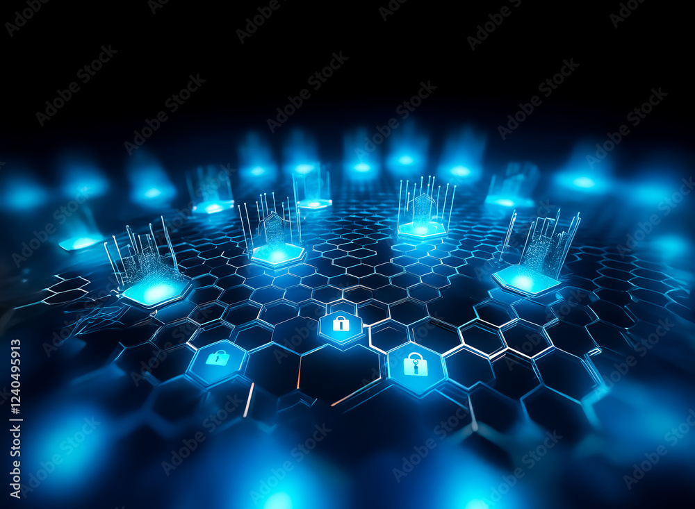 Leinwandbilder abstract digital illustration of a secure network. glowing blue hexagons form a honeycomb pattern, e