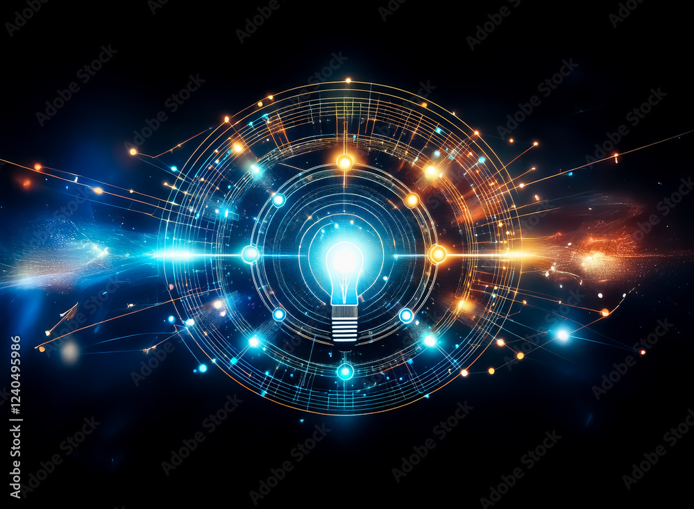Aufkleber a glowing lightbulb at the center of a futuristic, circular technological interface. bright, interco